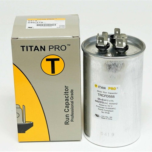 TitanPro TRCFD555 HVAC Round Dual Motor Run Capacitor 55/5 MFD/UF 440/370 Volts TitanPro TRCFD555 HVAC Round Dual Motor Run Capacitor 55/5 MFD/UF 440/370 Volts