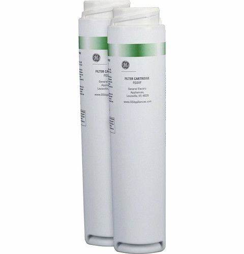 GE FQSVF Dual Stage SmartWater under sink filter replacement cartridges, white with green accents.