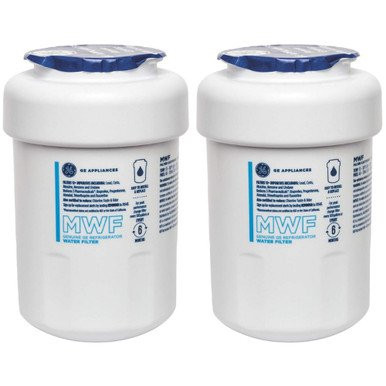 GE MWF SmartWater Refrigerator Water Filter 2-Pack, GE brand, white with blue accents and labels.