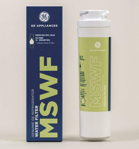 GE MSWF water filter, a white and green water filter replacement by GE Appliances.