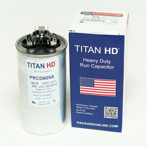 TitanHD PRCD605A HVAC Round Motor Run Dual Capacitor 60/5 MFD/UF TitanHD PRCD605A HVAC Round Motor Run Dual Capacitor 60/5 MFD/UF