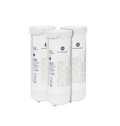 GE XWFE water filter 3-pack with RFID chip, replaces XWF, white color, GE brand.