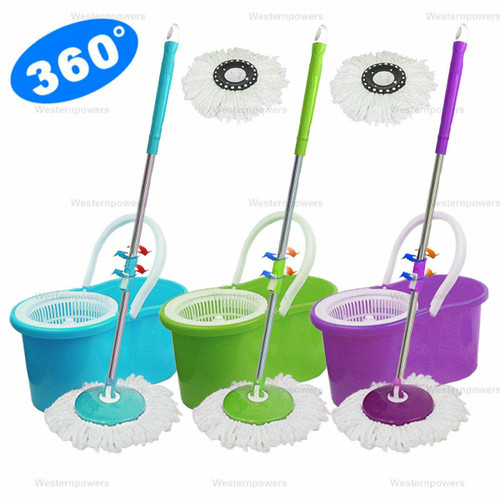 360° Rotating Head Easy Spin Dry Floor Mop Bucket 2x Head Microfiber Spinning