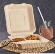 9'' x 9'' PFAS Free Comp Fiber Hinged Containers, 3 Comp, Natural - 200 pcs