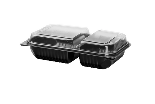 Solo 2 Compartment Dinner Box 11.5" x 8.1" Hinged, Premium Blk w/Clear Top - 100 pcs