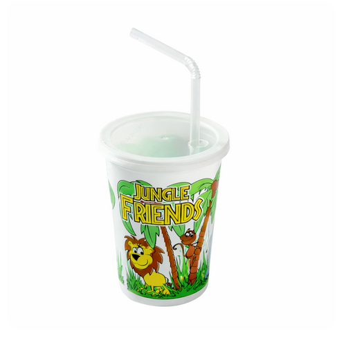 Kids Cups, PP 12 oz. Jungle Friends Theme with Straws & Lids, Case 250