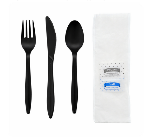 Cutlery Kit, PP, 6 Piece Black Medium Weight (F,K,S,Nap,S&P), 250 Kits