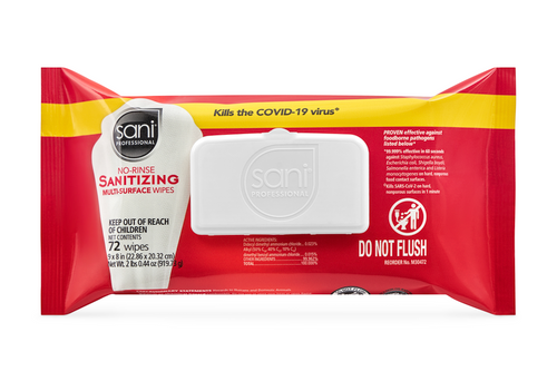 Sani Professional No Rinse Sanitizing Wipes  9" x 8" 72 Count, Softpack - 12 Packs