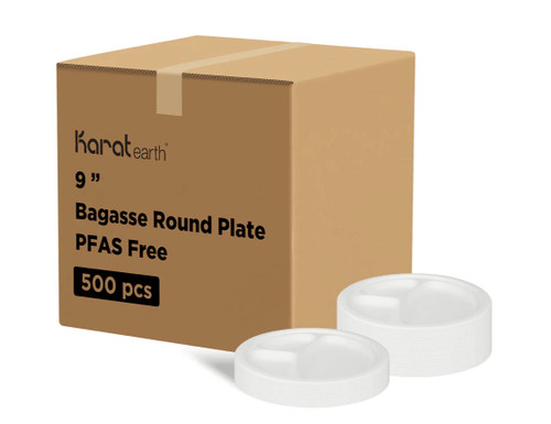 9'' PFAS Free Comp Fiber Round Plates, White, 3 Comps - 500 pcs