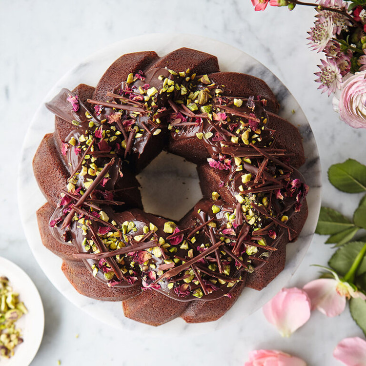 Chocolate, Rose & Pistachio Bundt with Chocolate Ganache