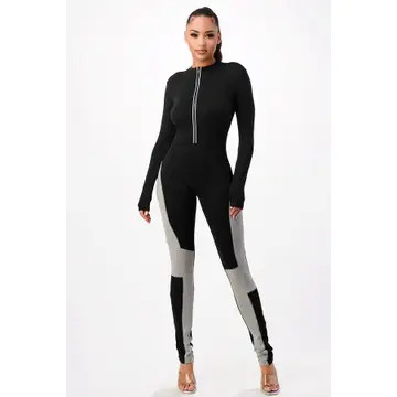 2 Tone Color Block Contrast Pattern Jumpsuit