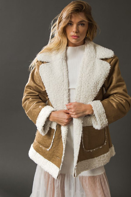Camel Faux Suede Shearling Coat with Front Pockets and Basic Collar