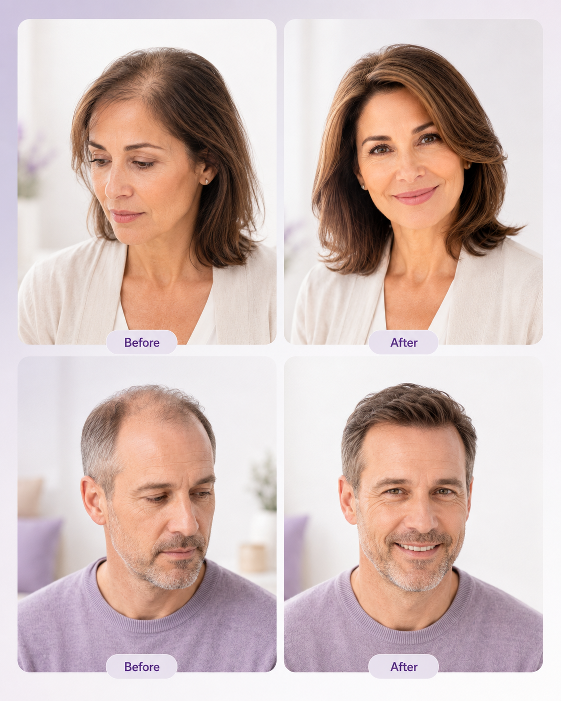 Before and after hair system results for men and women by Cindycut Custom Hair Systems
