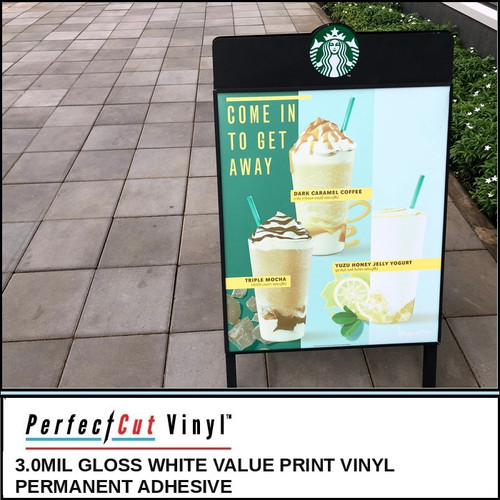 PerfectCut Vinyl 3.0mil gloss white value print vinyl with permanent adhesive, shown as a colorful seasonal beverage menu graphic in an outdoor A-frame sidewalk sign.
