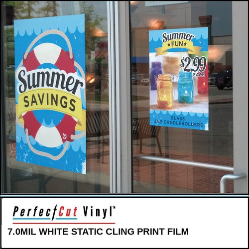 PerfectCut Vinyl 7.0mil white static cling print film, shown as two colorful "Summer Savings" and "Summer Fun" promotional graphics clung to a retail glass door entrance.