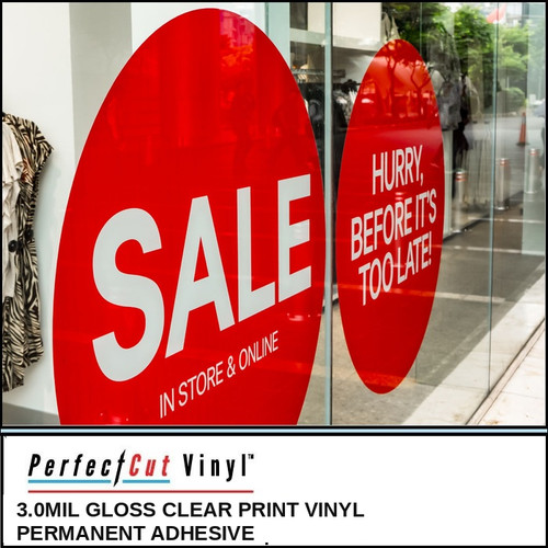 Red "SALE – In Store & Online" window decals printed on PerfectCut Vinyl 3.0mil Gloss Clear Print Vinyl, applied to a storefront glass window