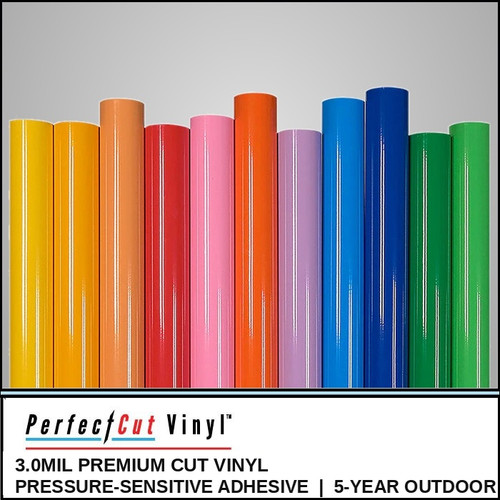 PerfectCut Vinyl 3.0mil Premium Cut Vinyl rolls in a rainbow of gloss colors lined up against a gray studio background