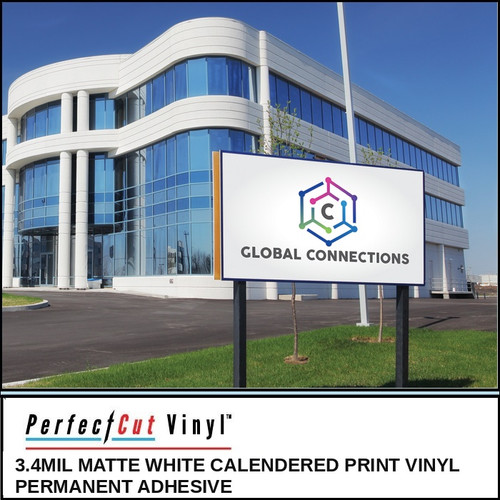 PerfectCut Vinyl 3.4mil matte white calendered print vinyl with permanent adhesive, shown as a "Global Connections" corporate logo on a freestanding outdoor monument sign in front of a modern office building.
