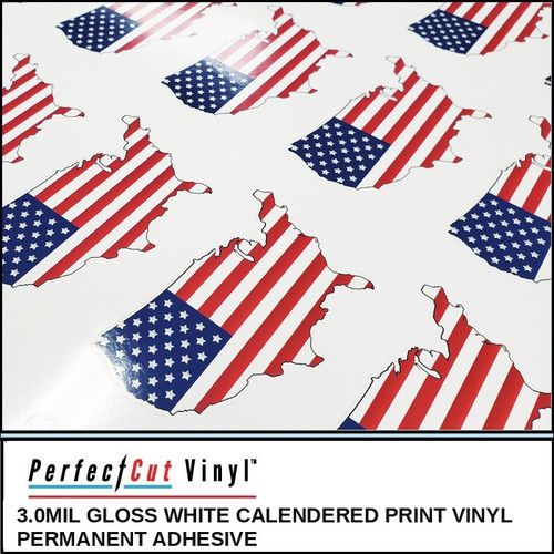 PerfectCut Vinyl 3.0mil gloss white calendered print vinyl with permanent adhesive, shown as a sheet of die-cut USA map stickers printed with an American flag fill pattern.