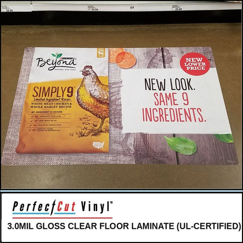 PerfectCut Vinyl 3.0mil gloss clear floor laminate, UL-certified, shown protecting a full-color retail point-of-sale floor graphic in a store aisle.