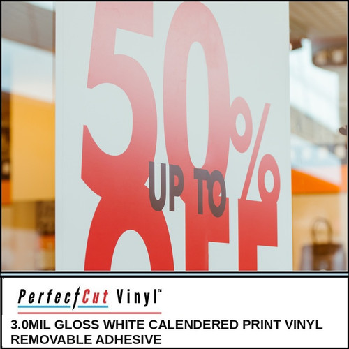 PerfectCut Vinyl 3.0mil gloss white calendered print vinyl with removable adhesive, shown as a large red "Up To 50% Off" sale graphic on a retail storefront window.