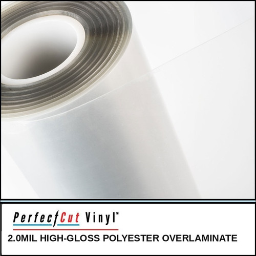 PerfectCut Vinyl 2.0mil high-gloss polyester overlaminate, shown as a partially unrolled clear film roll on a white surface.