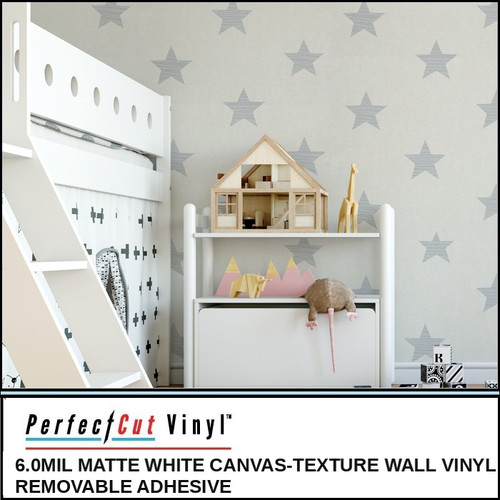 PerfectCut Vinyl 6.0mil matte white canvas-texture wall vinyl with removable adhesive, shown as a gray star-pattern wallpaper in a child's bedroom with a bunk bed, dollhouse, and toys.