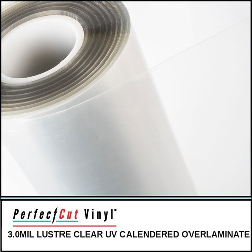 PerfectCut Vinyl 3.0mil lustre clear UV calendered overlaminate, shown as a partially unrolled clear film roll on a white surface.