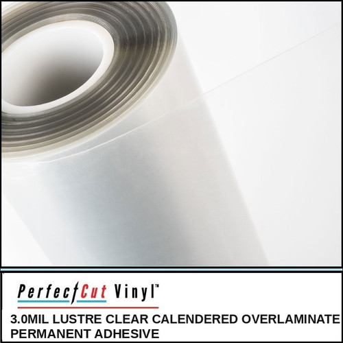 PerfectCut Vinyl 3.0mil lustre clear calendered overlaminate with permanent adhesive, shown as a partially unrolled clear film roll on a white surface.