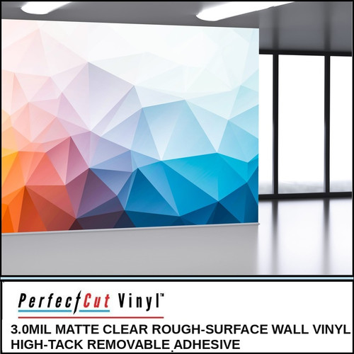 Office space with a colorful geometric triangle wall mural printed on PerfectCut Vinyl 3.0mil Matte Clear Rough-Surface Wall Vinyl