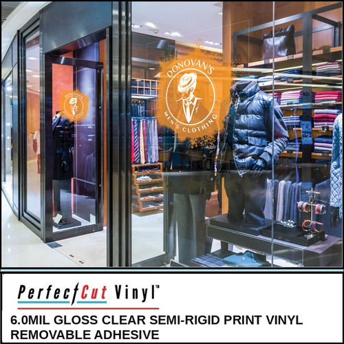 PerfectCut Vinyl 6.0mil gloss clear semi-rigid print vinyl with removable adhesive, shown as a gold "Donovan's Men's Clothing" logo decal on the glass window of a menswear boutique.