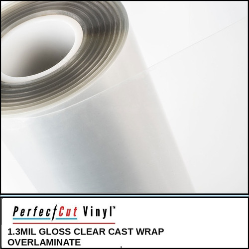 Roll of PerfectCut Vinyl 1.3mil Gloss Clear Cast Wrap Overlaminate on a white background