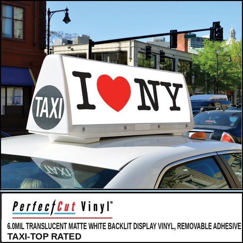 PerfectCut Vinyl 6.0mil translucent matte white backlit display vinyl with removable adhesive, taxi-top rated, shown as a backlit "I [heart] NY" taxi-top sign on a car in a city street.