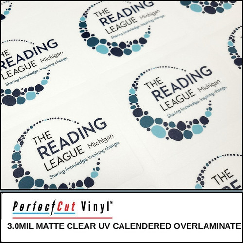 PerfectCut Vinyl 3.0mil matte clear UV calendered overlaminate, shown protecting a printed sheet of circular blue and navy logo stickers.