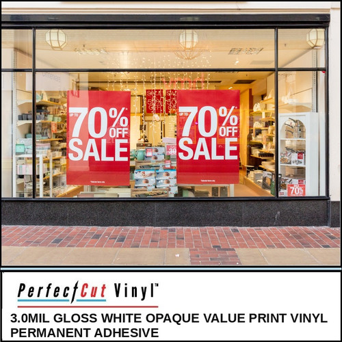 PerfectCut Vinyl 3.0mil gloss white opaque print vinyl with permanent adhesive, shown as red "Up To 70% Off Sale" window posters on a retail storefront.