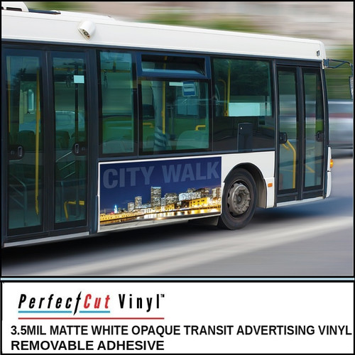 PerfectCut Vinyl 3.5mil matte white opaque transit advertising vinyl with removable adhesive, shown as a "City Walk" skyline ad panel on the side of a white city bus in motion.