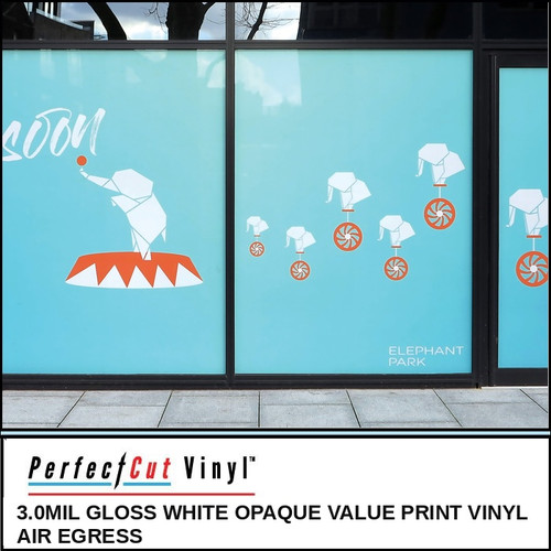 PerfectCut Vinyl 3.0mil gloss white opaque value print vinyl with air-egress adhesive, shown as a teal "Elephant Park" storefront window graphic with white origami-style elephants on unicycles.
