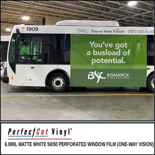 PerfectCut Vinyl 6.0mil matte white 50/50 perforated window film for one-way vision, shown as a green transit bus side-window wrap with a school recruitment graphic.