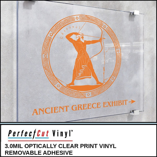 PerfectCut Vinyl 3.0mil optically clear print vinyl with removable adhesive, shown as an orange "Ancient Greece Exhibit" archer graphic applied to a frosted glass panel.