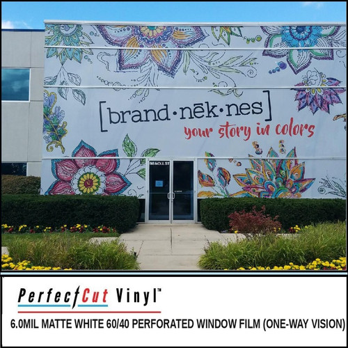 PerfectCut Vinyl 6.0mil matte white 60/40 perforated window film for one-way vision, shown as a colorful floral building wrap reading "brand-nek-nes your story in colors" across a commercial storefront.