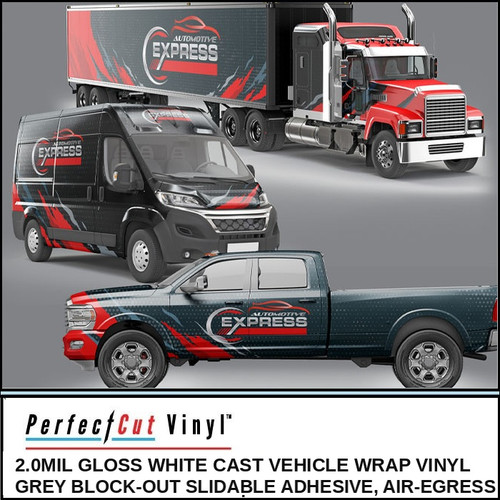 A semi truck, cargo van, and pickup wrapped in "Automotive Express" graphics printed on PerfectCut Vinyl 2.0mil Gloss White Cast Vehicle Wrap Vinyl with grey block-out slidable air-egress adhesive