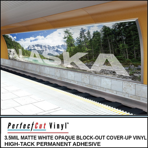 PerfectCut Vinyl 3.5mil matte white opaque block-out cover-up vinyl with high-tack permanent adhesive, shown as a large mountain and forest landscape mural along a subway platform wall.