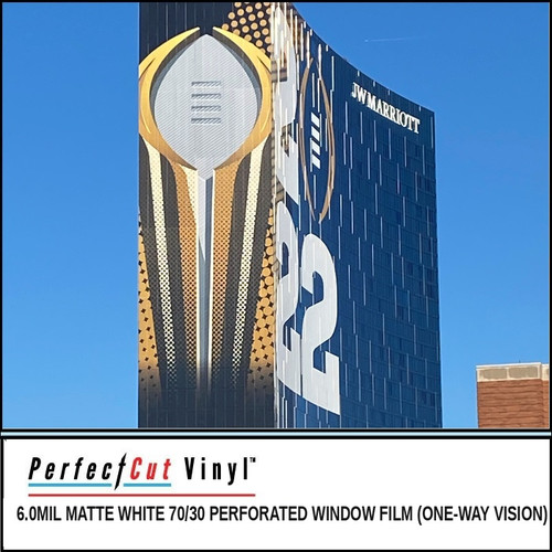 PerfectCut Vinyl 6.0mil matte white 70/30 perforated window film for one-way vision, shown as a large-format building wrap graphic covering the windows of a high-rise tower.