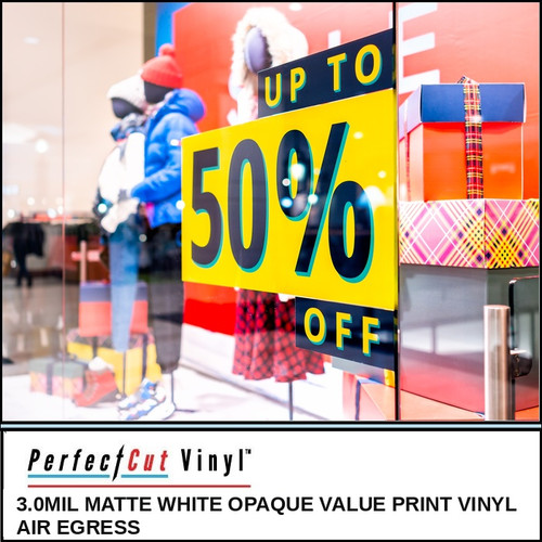 PerfectCut Vinyl 3.0mil matte white opaque print vinyl with air-egress adhesive, shown as a bright yellow "Up To 50% Off" retail window sale graphic on a storefront display.