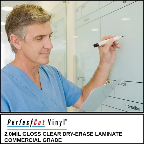 PerfectCut Vinyl erasable dry-erase board print media, shown as a hospital surgery scheduling board with a man in blue scrubs writing on it with a black marker.