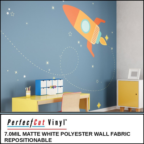 7.0mil Matte White Polyester Wall Fabric by PerfectCut Vinyl printed as a rocket-themed wall mural in a child's bedroom