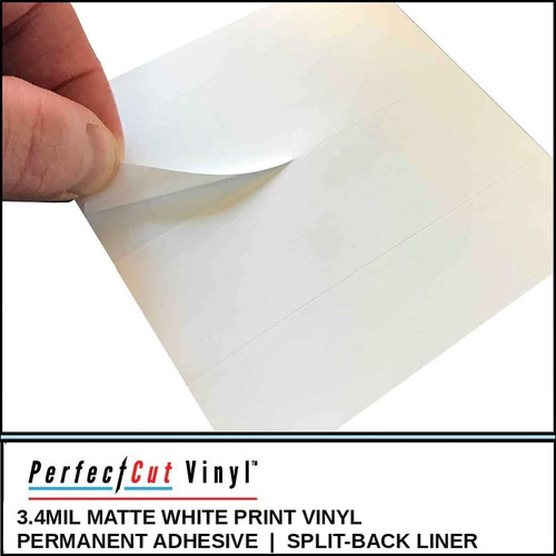 Hand peeling the center split-back release liner from PerfectCut Vinyl 3.4mil Matte White Print Vinyl, showing the easy-apply split liner