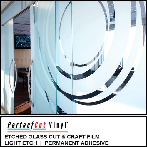 PerfectCut Vinyl Etched Glass Cut & Craft Film in Light Etch on a frosted office glass partition with a concentric-circle design