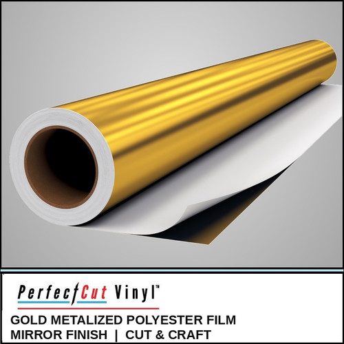 PerfectCut Vinyl Gold Metalized Polyester Film, mirror finish, on a wide-format roll against a gray studio background