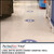 PerfectCut Vinyl 3.4mil matte white carpet graphic vinyl with removable adhesive, shown as a row of blue circular social-distancing floor decals with footprint icons in a retail store aisle.